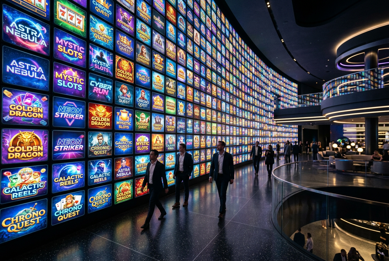 A massive digital wall of various casino game icons representing a huge library.